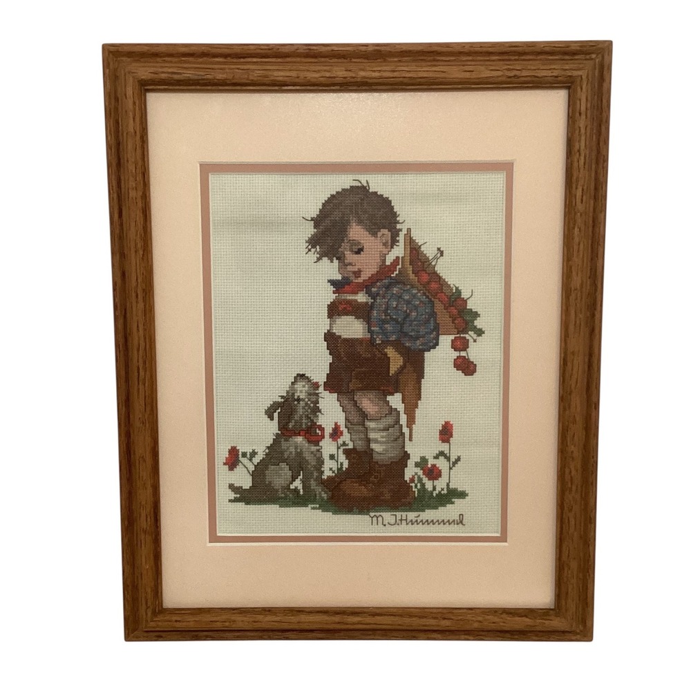 M.J. Hummel Framed Cross Stitch Art Boy w/ Dog Oak Frame 12.75x16 Vintage Decor